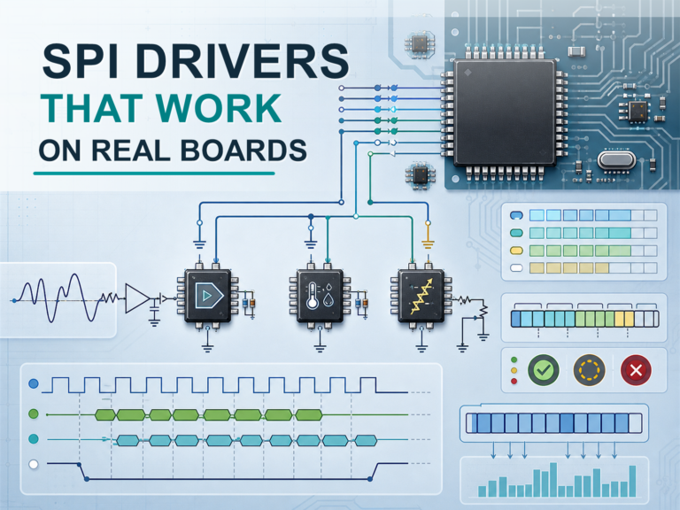 Feature image for Writing Drivers for SPI Chips in Embedded Systems, showing an MCU connected to ADC, sensor, and DAC style SPI peripherals with timing traces.