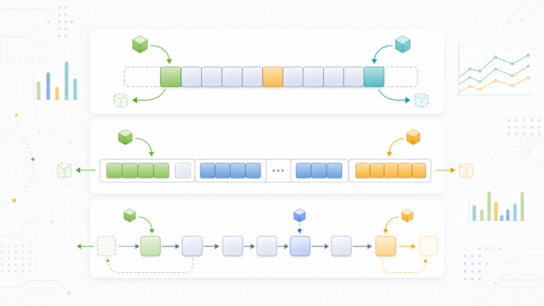 Light abstract technical diagram showing vector, deque, and linked list container operation patterns