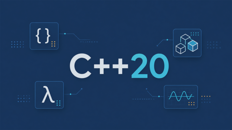 Medium navy C++20 abstract feature image with sparse cyan technical symbols