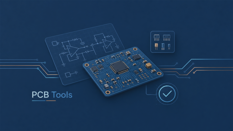 Medium navy PCB tools abstract feature image with schematic and board motifs