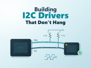 Two I2C chips connected by SDA and SCL lines with pull-up resistors and the text Building I2C Drivers That Don't Hang.