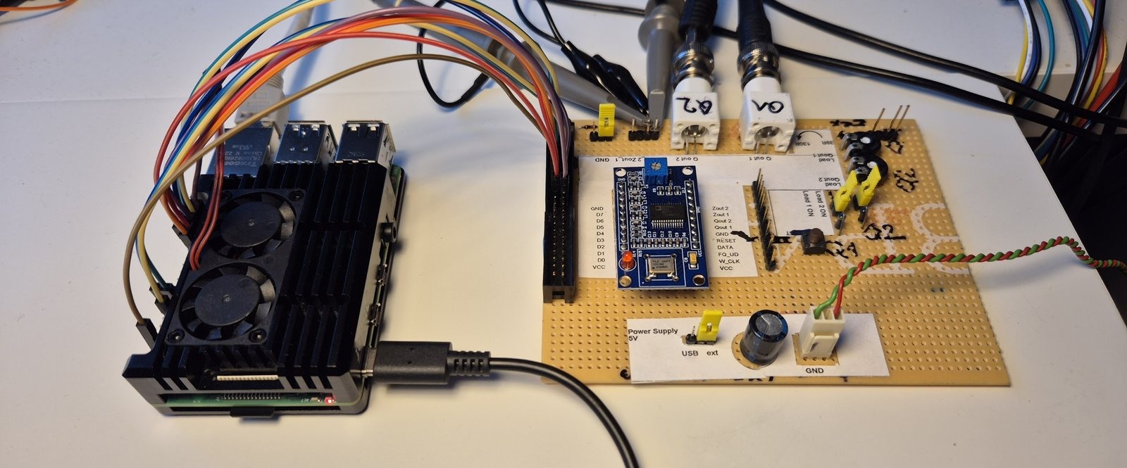 Raspberry Pi 4 wired to a prototype AD9850 baseboard with labeled headers, BNC outputs, and oscilloscope probes