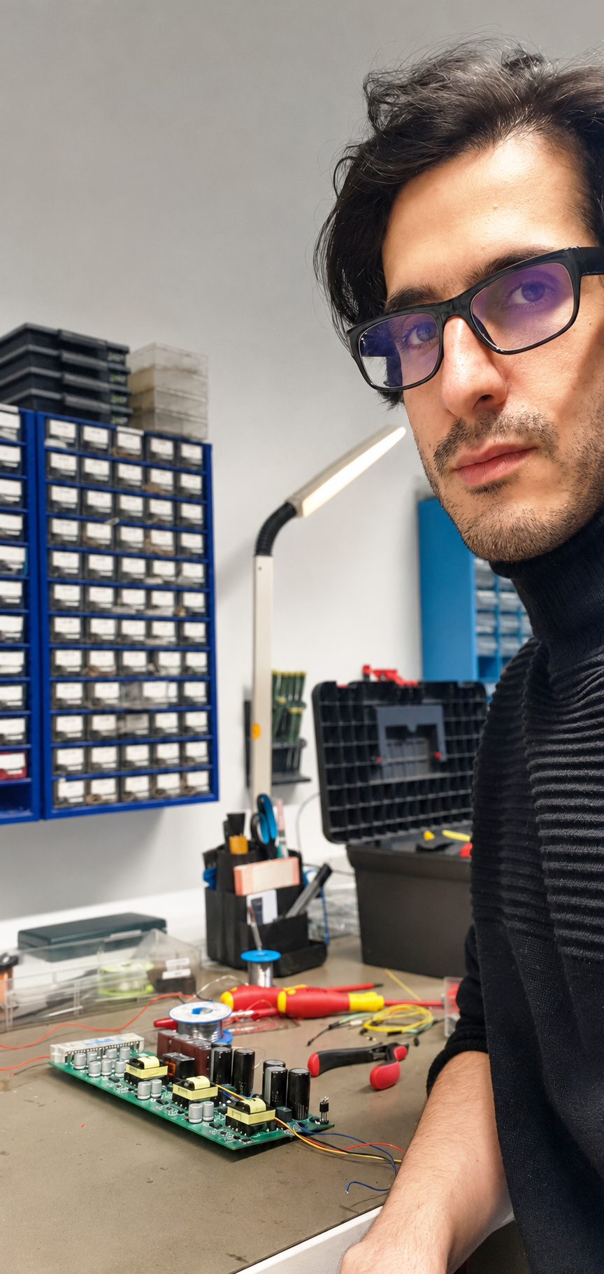 Saeid Yazdani at an electronics workbench